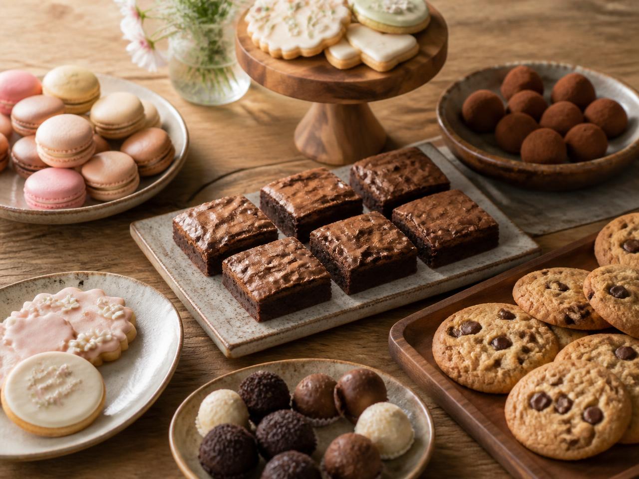 Mesa de madeira com brownies, macarons, trufas, cookies e biscoitos decorados
