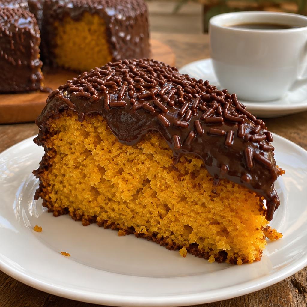 Fatia de bolo de cenoura com cobertura de chocolate e granulado
