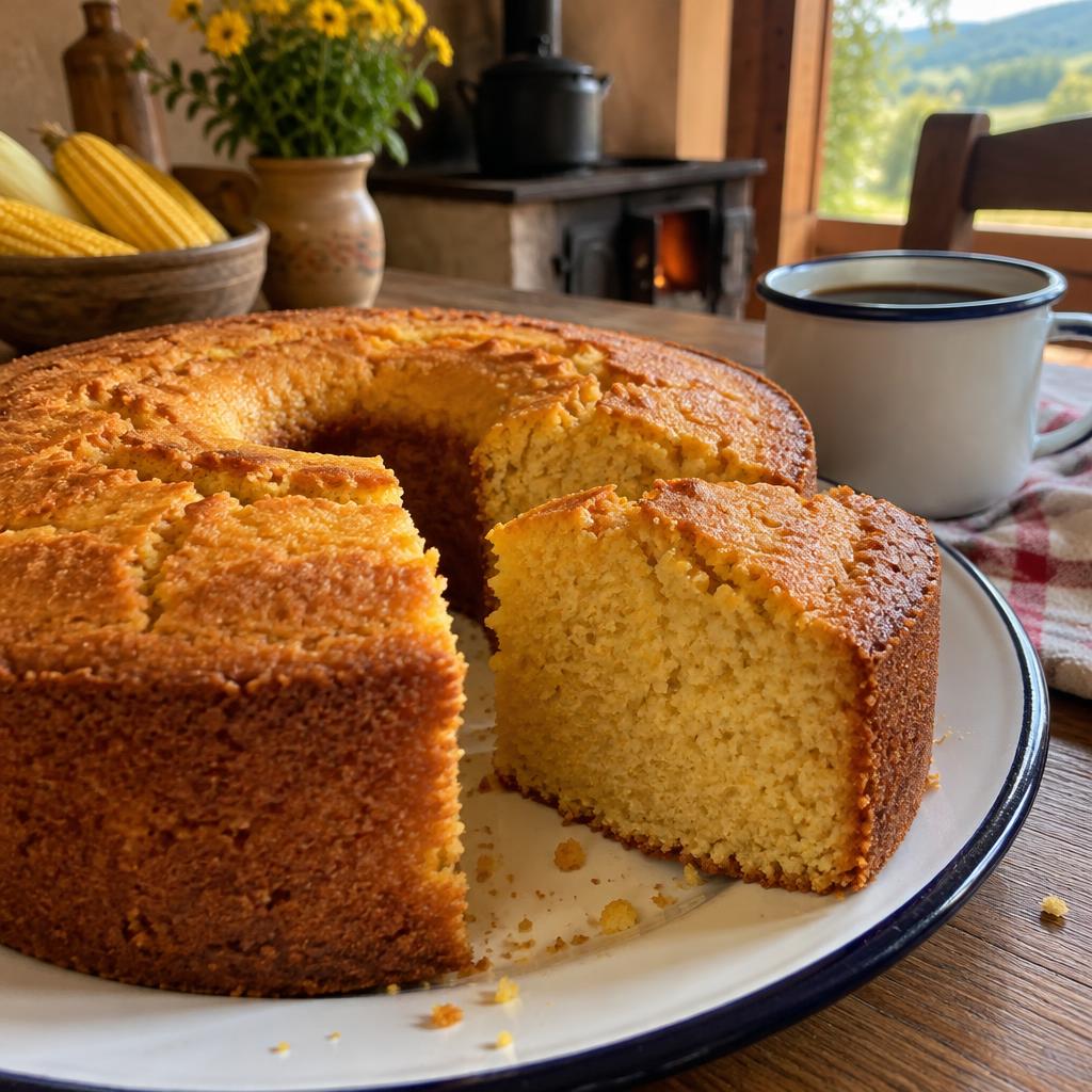 Bolo de fubá cortado ao lado de uma caneca de café