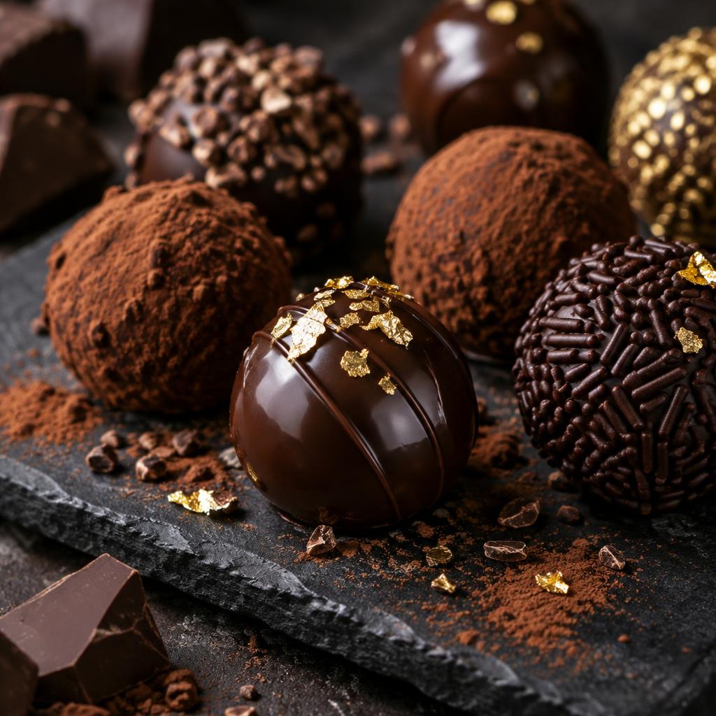 Trufas e brigadeiros gourmet com cacau e folhas de ouro