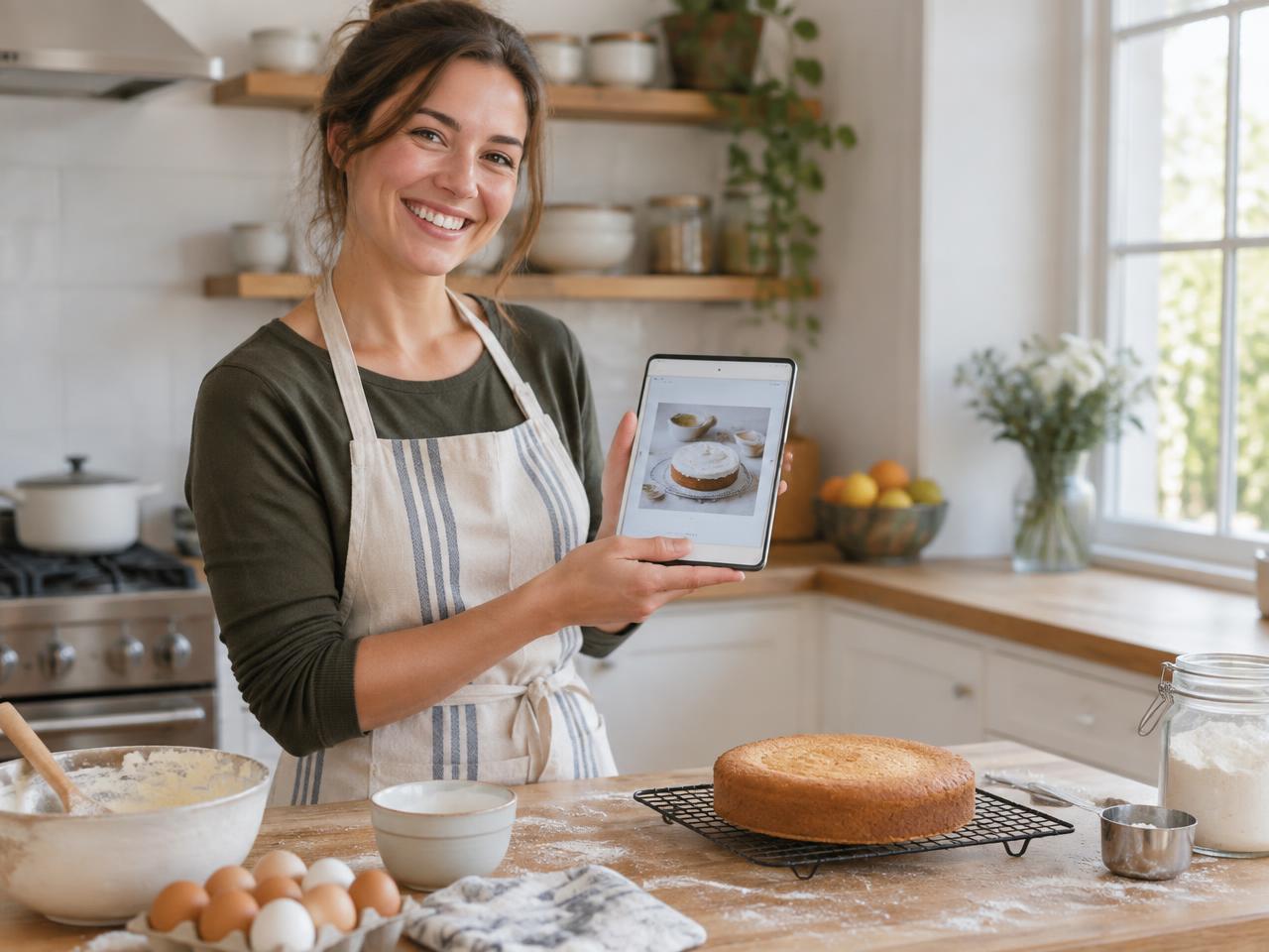 Mulher de avental numa cozinha clara segurando um tablet com uma receita aberta